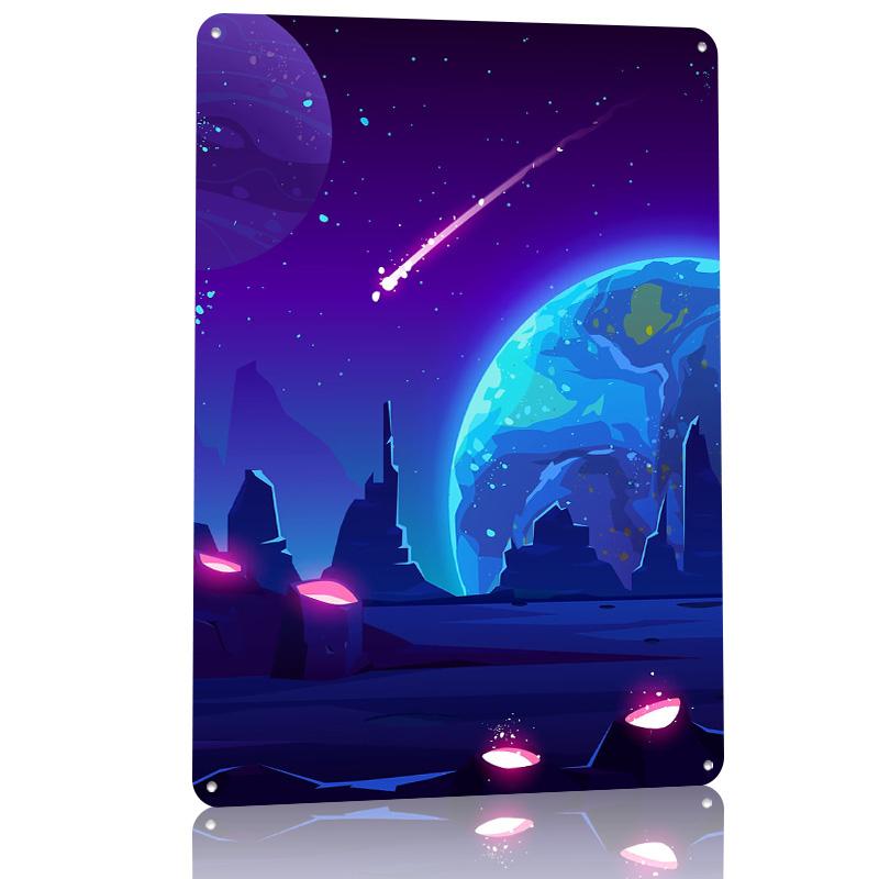 Earth In Space Personalized D Textured Metal Poster Wall Art Tinplate Sign for Home Decor Living Room Decoration Garage House