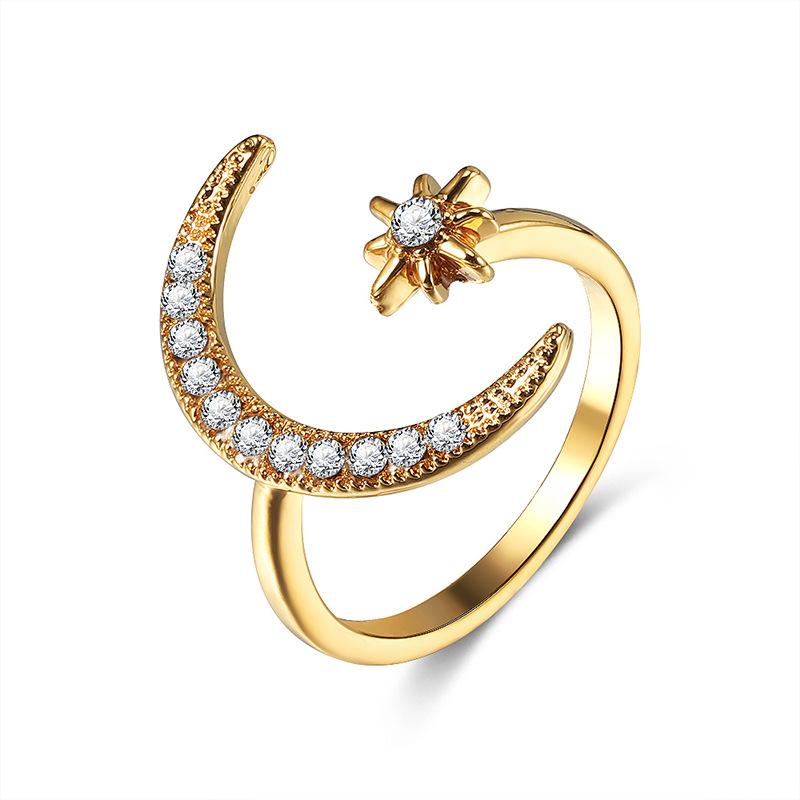 Fashion Finger Ring Silver Color Star Moon Rings For Women Wedding Party Jewelry Shine Crystal Metal Flower Opening anillo