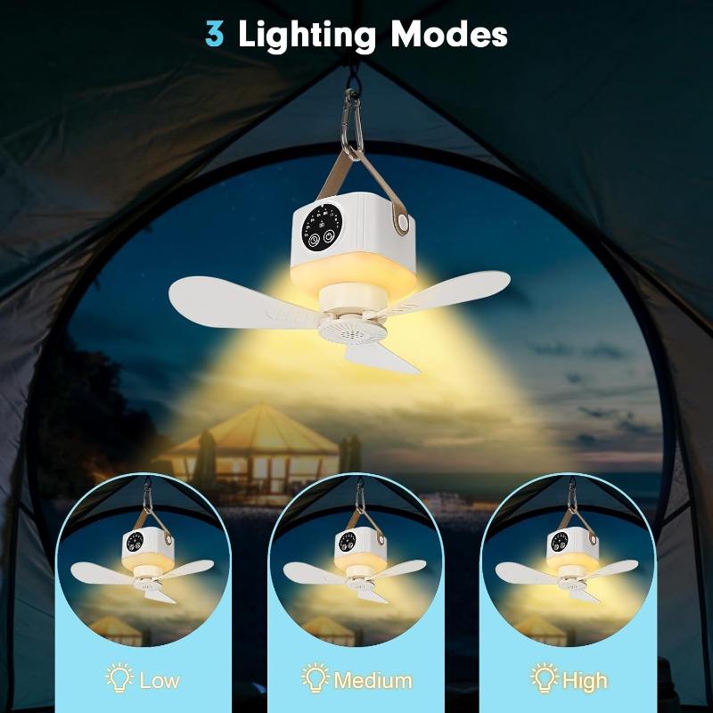 Outdoor Portable USB Rechargeable Camping Fan with LED Lantern, 3 Speed Adjustable, 8H Timer, Remote Control, Small Hanging Fan for Tent, RV, Camper