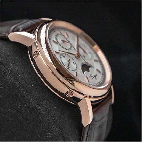 SUGESS Men's Analogue Moon Phase Chronograph Watch with Panda Dial, Luxury Leather Strap, and See-Through Back, 40mm (ST1908MGJ)