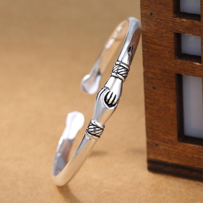 Nuovi Gioielli Retro in Argento Sterling 925 da Donna Braccialetti Apertura Stretta di Mano Creativi Braccialetti dell'Amicizia SL004