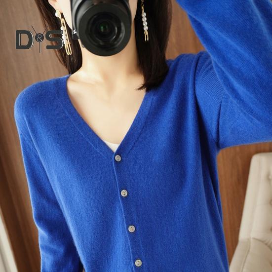Spring Summer Knitting Cardigan V-Neck Long Sleeve Ribbed Cuffs Sweater Solid Color Single Breasted Stretchy Knitwear