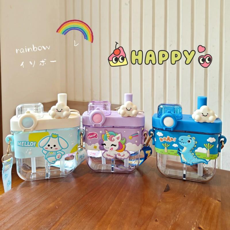 Dual Compartment Kids Water Bottle With Straw Silicone Sleeve - Cartoon Design 580ml BPA-Free PC Plastic
