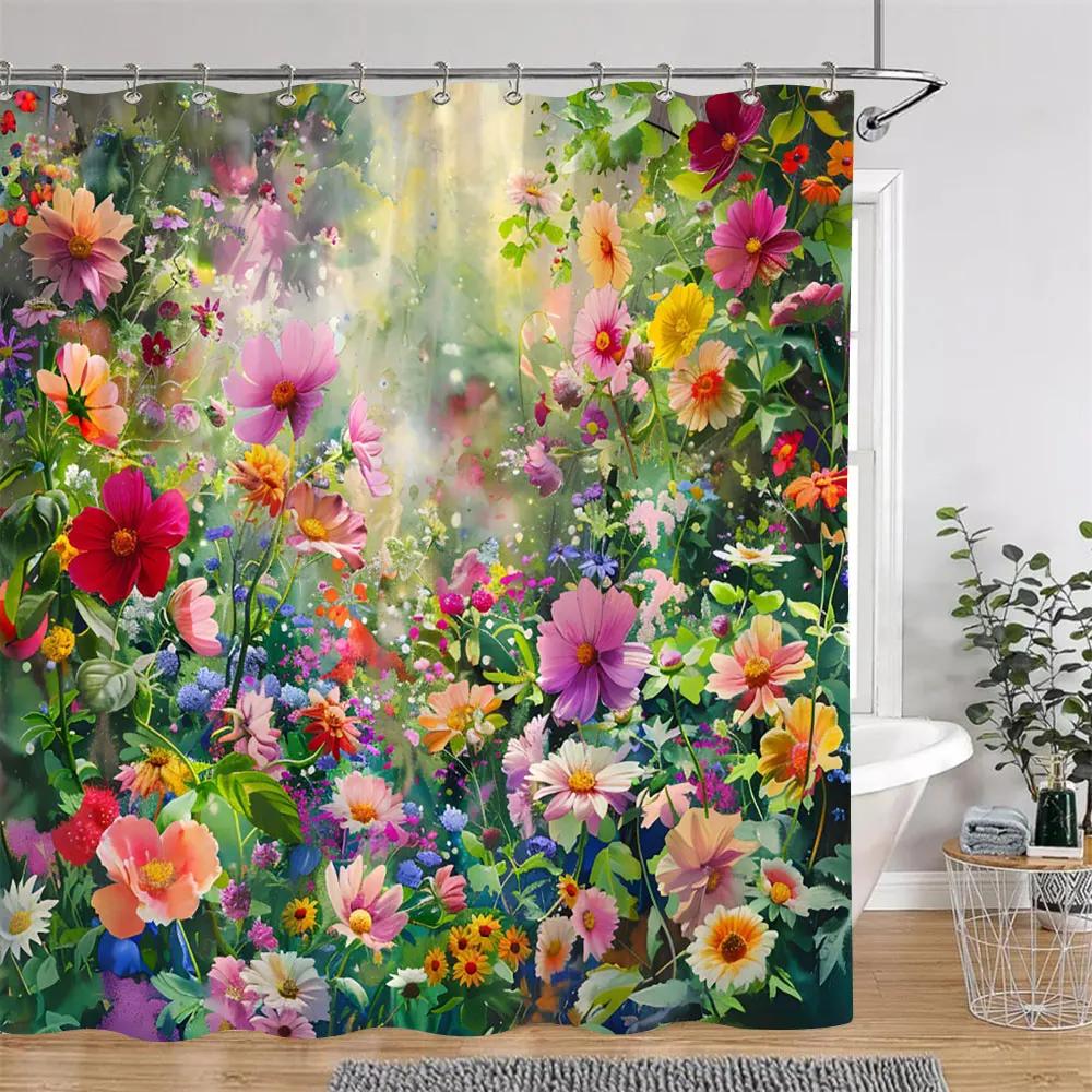 Watercolour Floral Print Shower Curtain Gorgeous Floral Rustic Flower Polyester Fabric Shower Curtains Bathroom Decor with Hooks