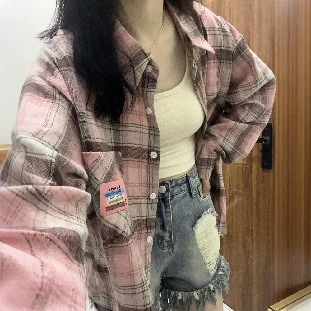 

2024 Ретро Клетчатая Куртка Поло с Длинным Рукавом - Свободный Топ XXL розовый