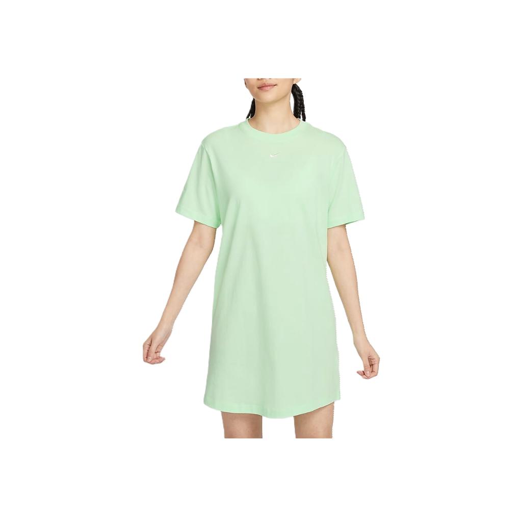 Nike Sportswear Essentials Loose Fit Solid Color Crew Neck Pullover Brand Logo Printed Short Sleeve Dress Women Dresses Steam-Green DV7883-376