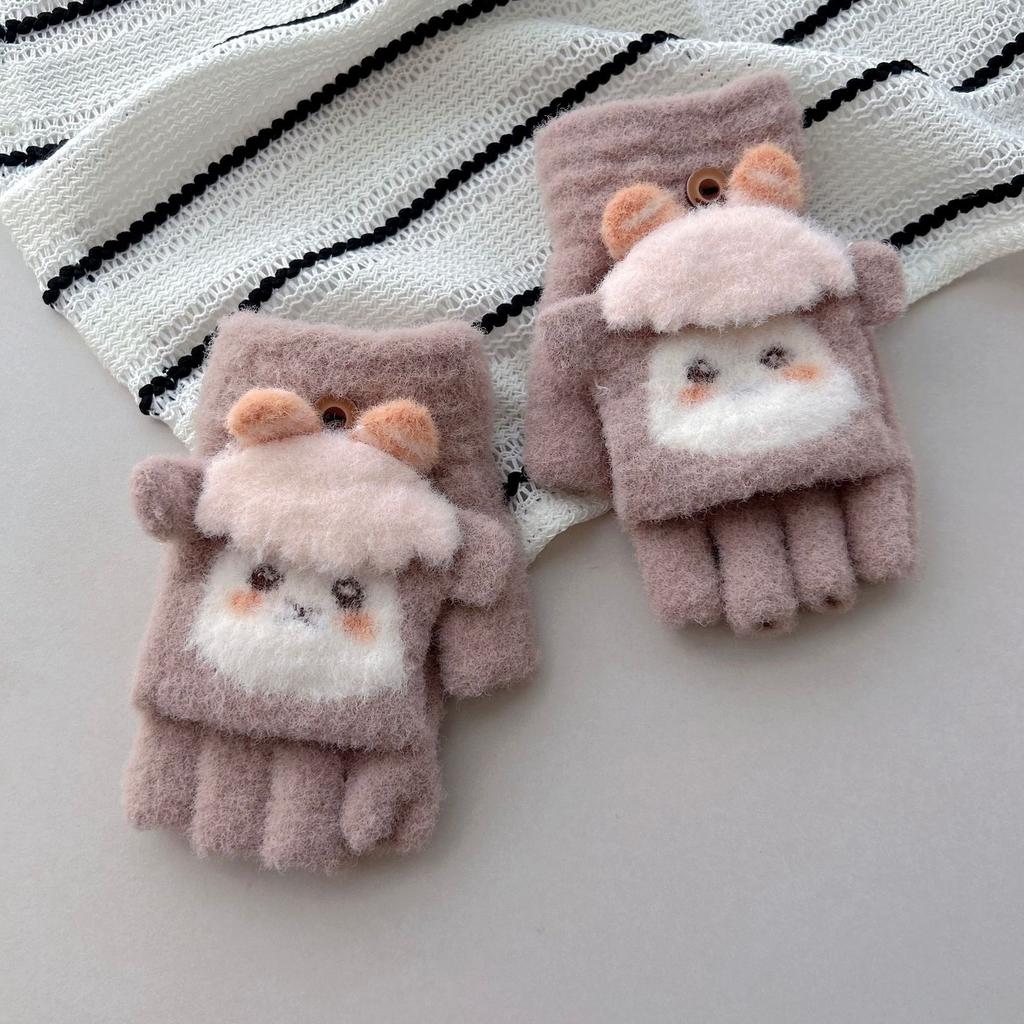 Dziecięce dzianinowe rękawiczki z klapką dla kobiet jesienno-zimowe z odkrytymi palcami, urocze, kręcone, pluszowe, ciepłe rękawiczki studenckie