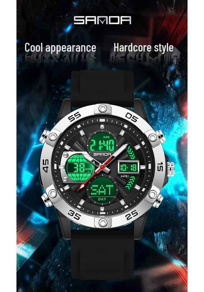 SANDA 3D Multifunction Sports Watch – 3 Time Zones, Waterproof, Student Wristwatch
