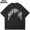 Hip Hop Vintage Czarny Płukany T-shirt Streetwear Litery Grafika Cień T-shirt Bawełna Unisex T-shirt Męski Luźne Góry Koszulki