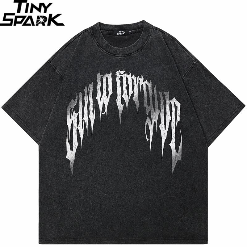 Hip Hop Vintage Czarny Płukany T-shirt Streetwear Litery Grafika Cień T-shirt Bawełna Unisex T-shirt Męski Luźne Góry Koszulki