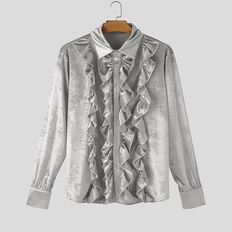 

INCERUN Elegant Men Lapel Neck Long Sleeve Velvet Ruffled Casual Loose Shirts 5XL сірий колір