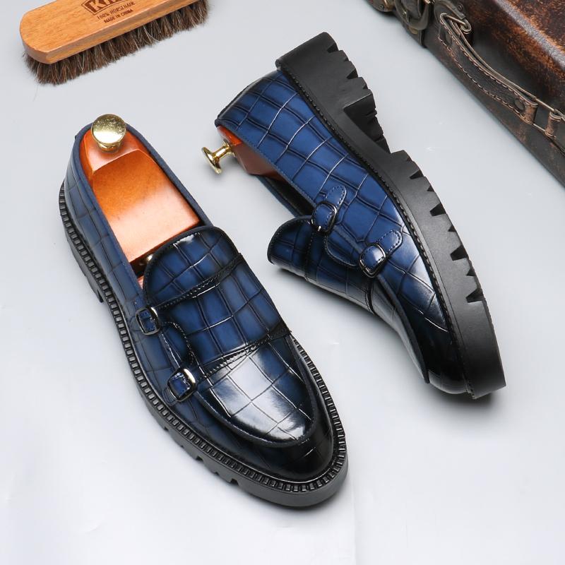 Fashion Men's Casual Leather Shoes Men Classic British Style Monk Loafers Mens Slip-on Thick Sole Heightened Shoe