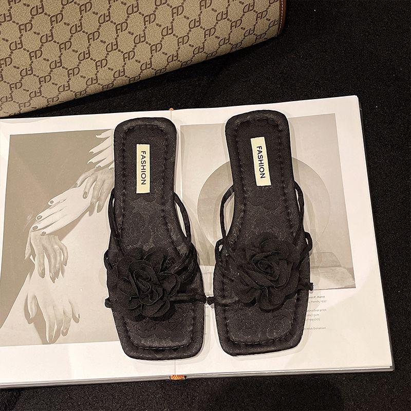 

Rose sweet one-word slippers women s summer outer wear temperament with skirt open-toed flat-bottomed sandals shoes 35 чёрный