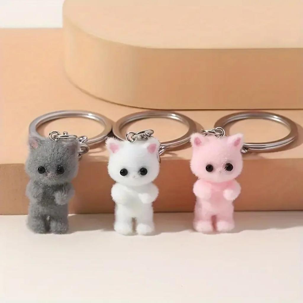 3D Cartoon Flocking Cat Cat Animal Key Chains Souvenir Gifts For Women Men Car Keys DIY Jewelry Bag Charm