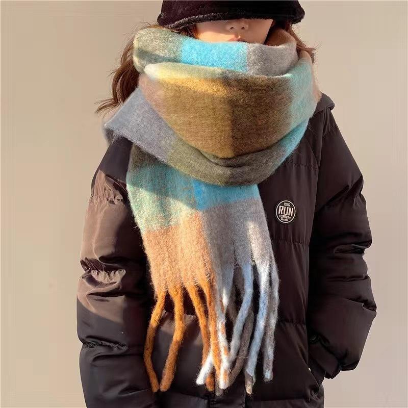200x40cm Extra Long Wide & Thick Winter Scarf Fake Cashmere Fringe Shawl Rainbow Plaid Windproof Scarf Wrap for Women