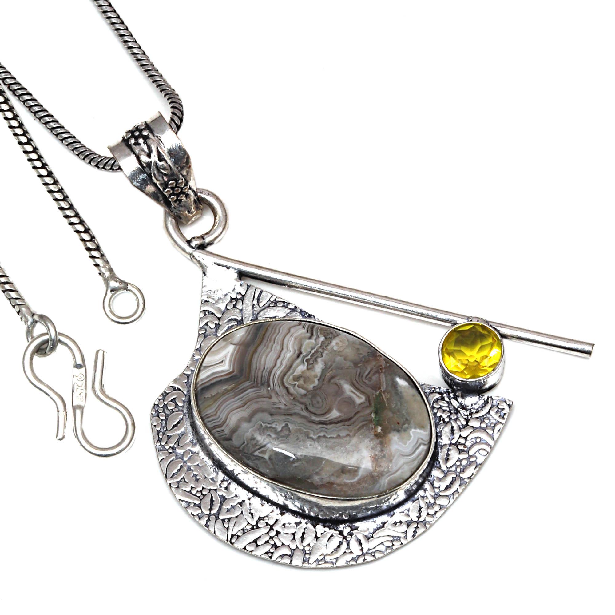 

Pendant Crazy Lace Agate Citrine Quartz Gemstone Handmade Silver Jewelry 2.25