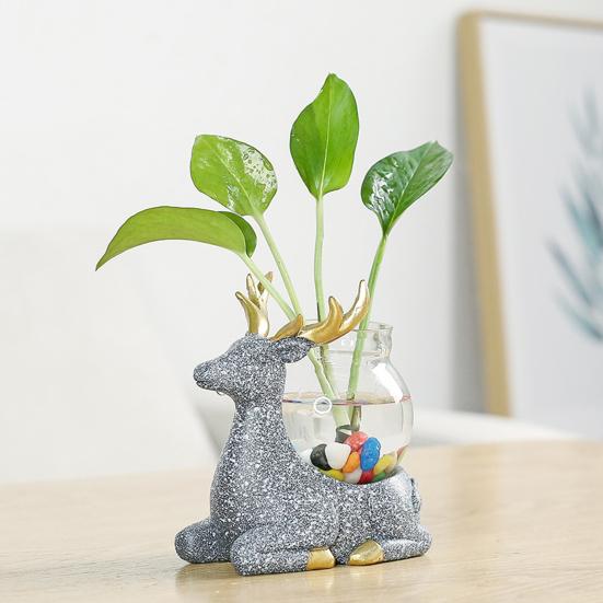 Tierfigur mit Vase, Teetisch, Mini-Blumenvase, Keramik, Hirsch und Katze mit Hydrokultur-Pflanzgefäß aus Glas für Zuhause, Schlafzimmer, Wohnzimmer, Dekoration