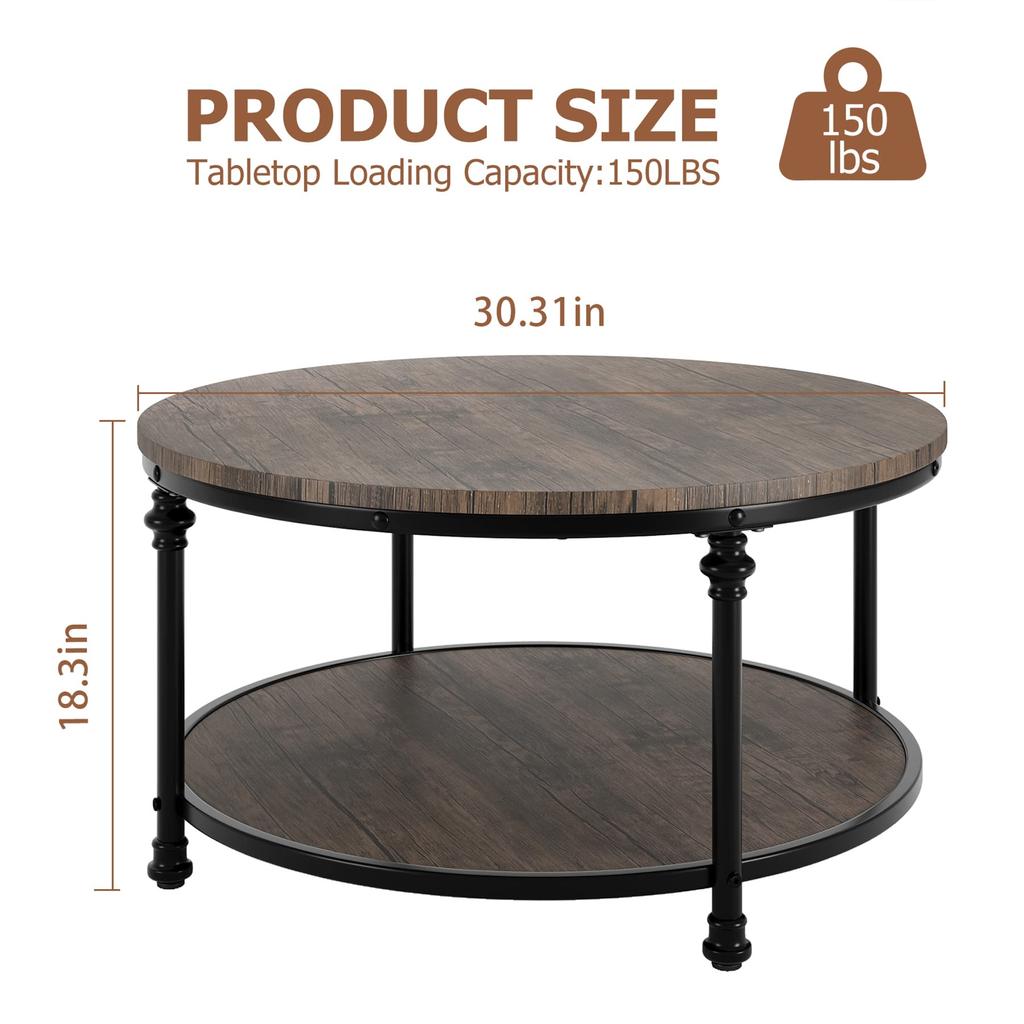 2-Tier Round Coffee Table Rustic Center Table with Storage Shelf for Living Room with Sturdy Metal Legs Wood Circle Coffee Table