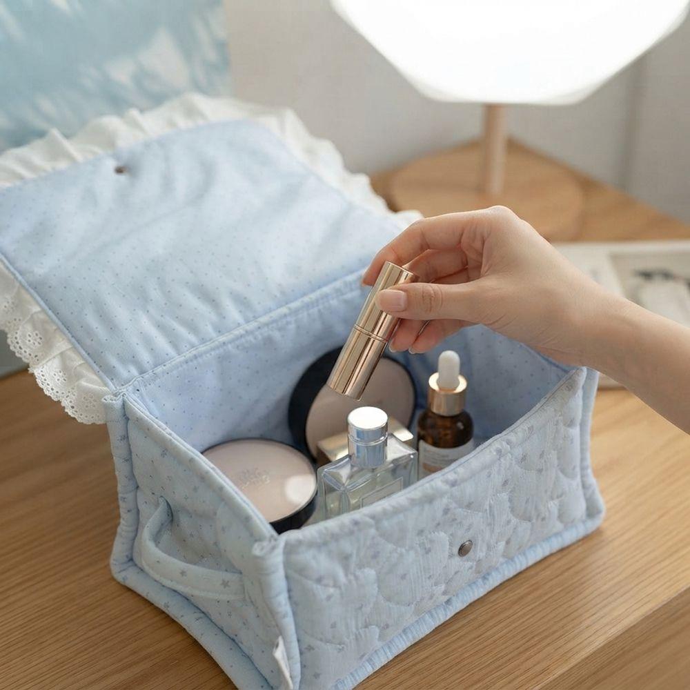 Button Closure Cotton Quilted Storage Basket Lace Edge Fabric Storage Basket Dresser