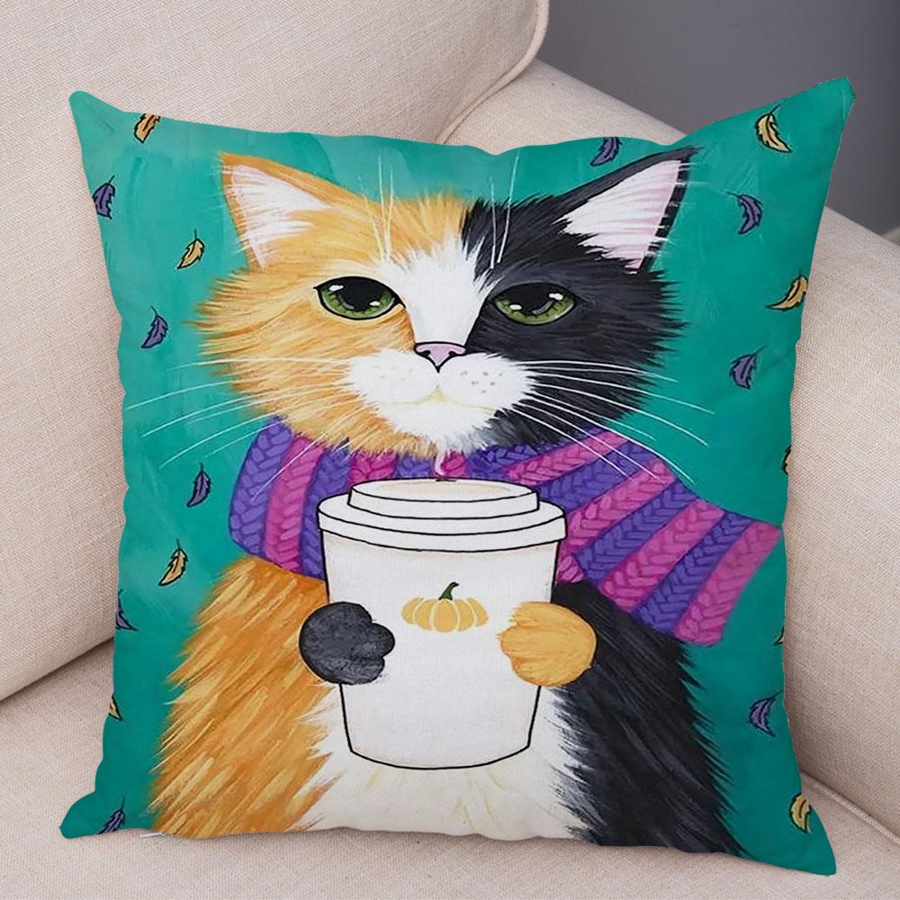 Bedroom Cute Funny Cartoon Coffee Cat Pillowcase Decoration Pet Animal Pillowcase Cushion Cover Sofa Home Car