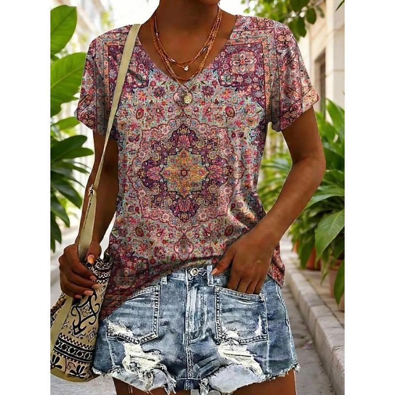 

Women s T Shirt Embroidered Print Floral Graphic Geometric Vintage Stylish Casual Short Sleeve V Neck Regular Tops Casual Summer 5XL