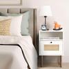 Modern Bedside Table with Rattan Drawer, Bed Side Table with Storage Shelf & Solid Wood Feet, End Table