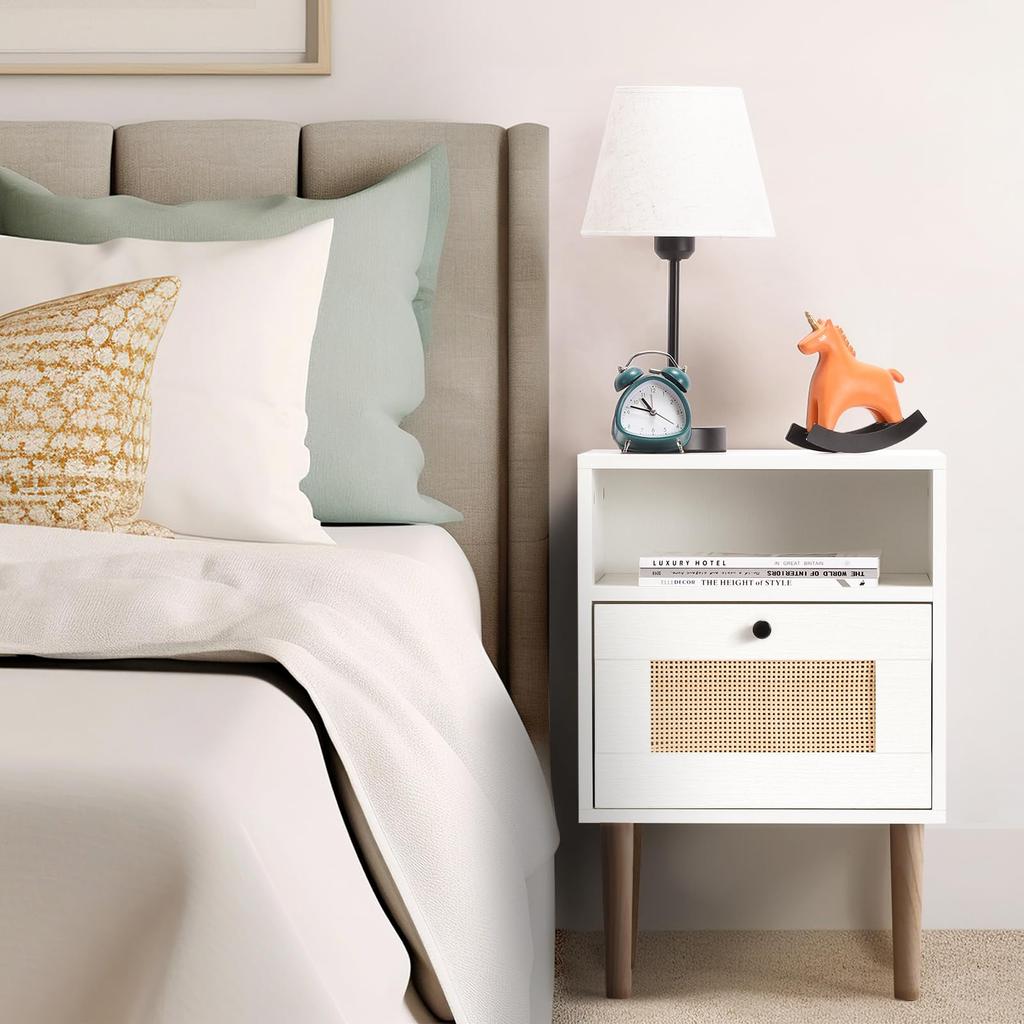 Modern Bedside Table with Rattan Drawer, Bed Side Table with Storage Shelf & Solid Wood Feet, End Table