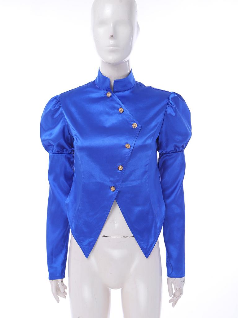 Women Victorian Blazer Stand Collar Long Puff Sleeves Button Satin Jacket Asymmetrical Blouse for Office Business Casual Theme Party