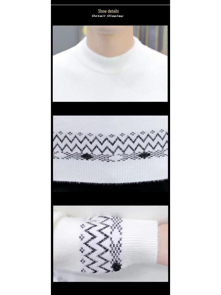 Men's High-End Fleece-Lined Winter Sweater, Half-High Collar, Korean Style, Warm Casual Knit for Teens & Students.