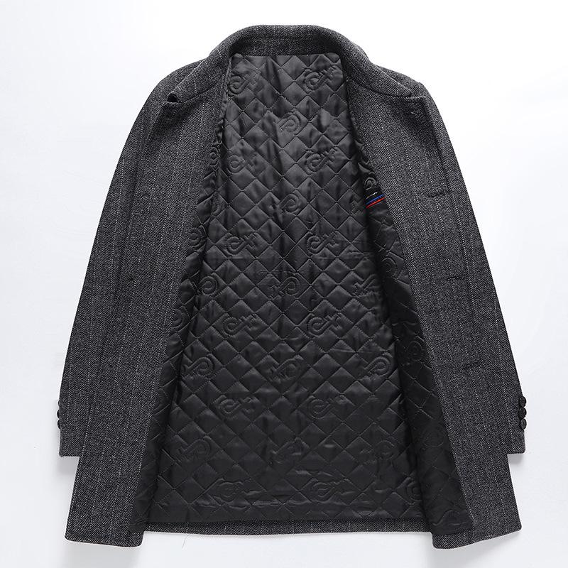 Men's Thickened Woolen Coat with Cotton Padding, Classic Striped Outerwear for Middle-Aged & Elderly, Dad's Style for Autumn/Winter.