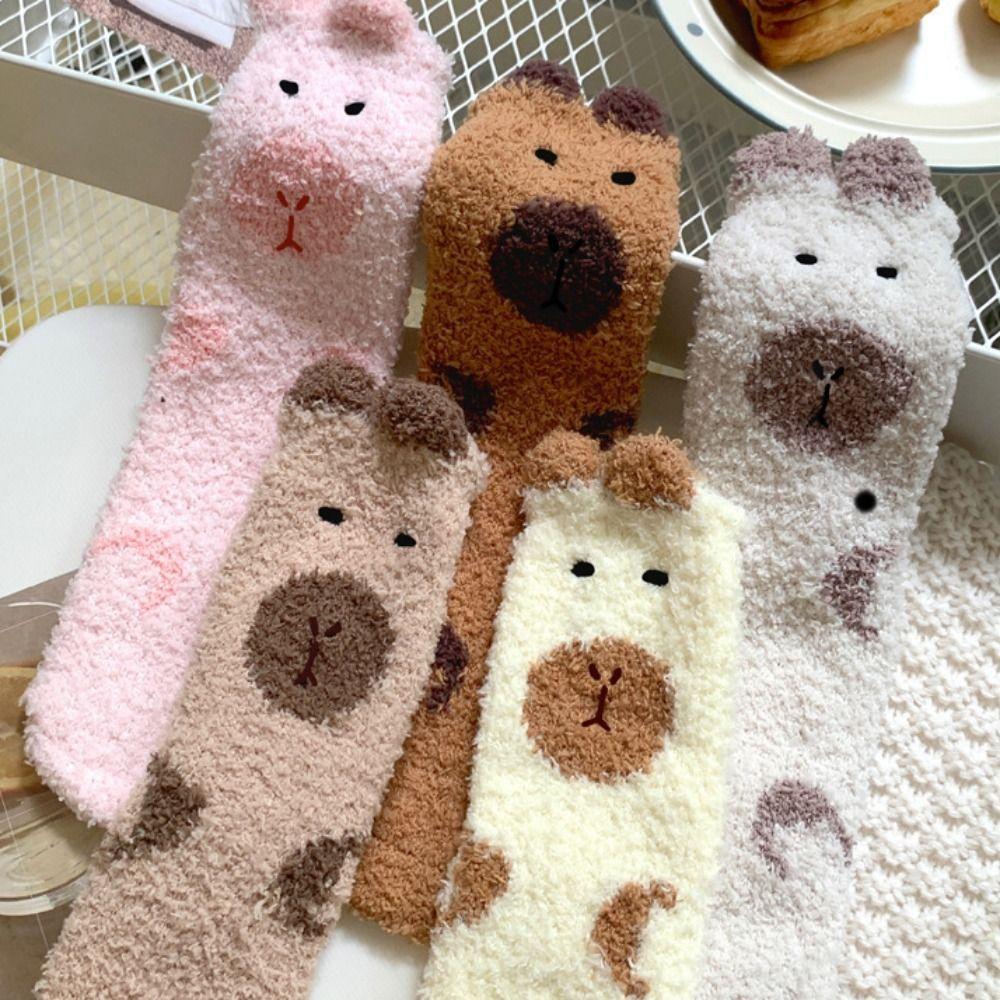 5Pairs Warm Coral Fleece Socks Plush Sleeping Socks Women Sweet Capybara Fleece Socks  Women