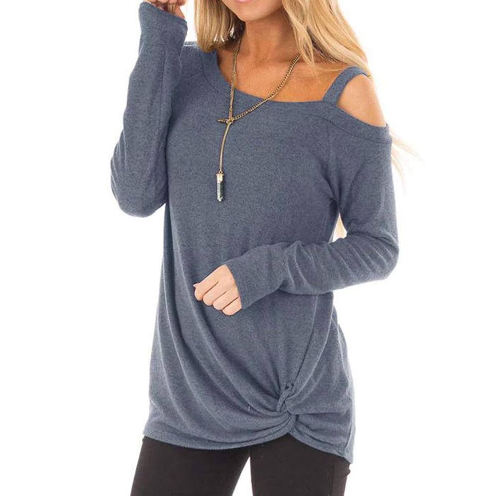 Womens Casual Soft Long Sleeves O Neck Knot Side Blouse Top T-Shirt