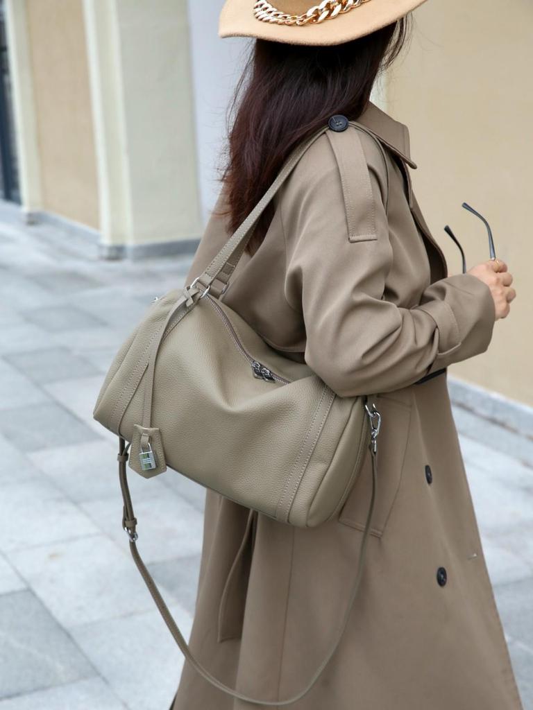 2025 Top Grain Cowhide Boston Handbag: Genuine Leather Crossbody Bag for Women, Lightweight with Large Capacity