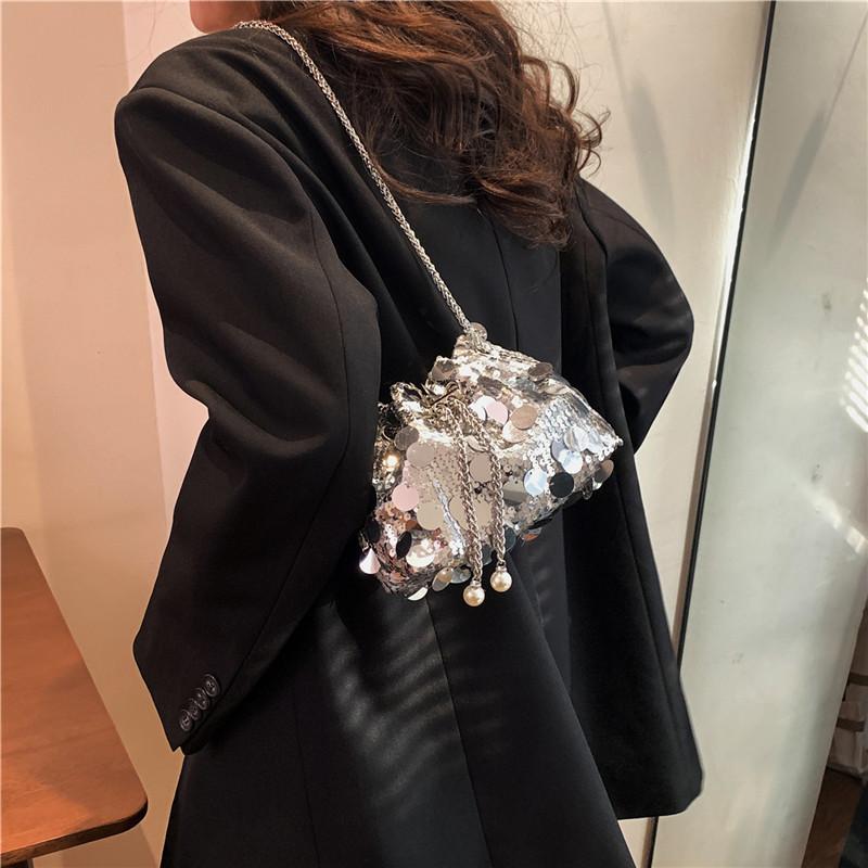 Shiny Fringe Sequin Evening Street Fashion Pu Bucket Bag 2024 New Trendy Chic Drawstring Large Capacity Stylish Handbag