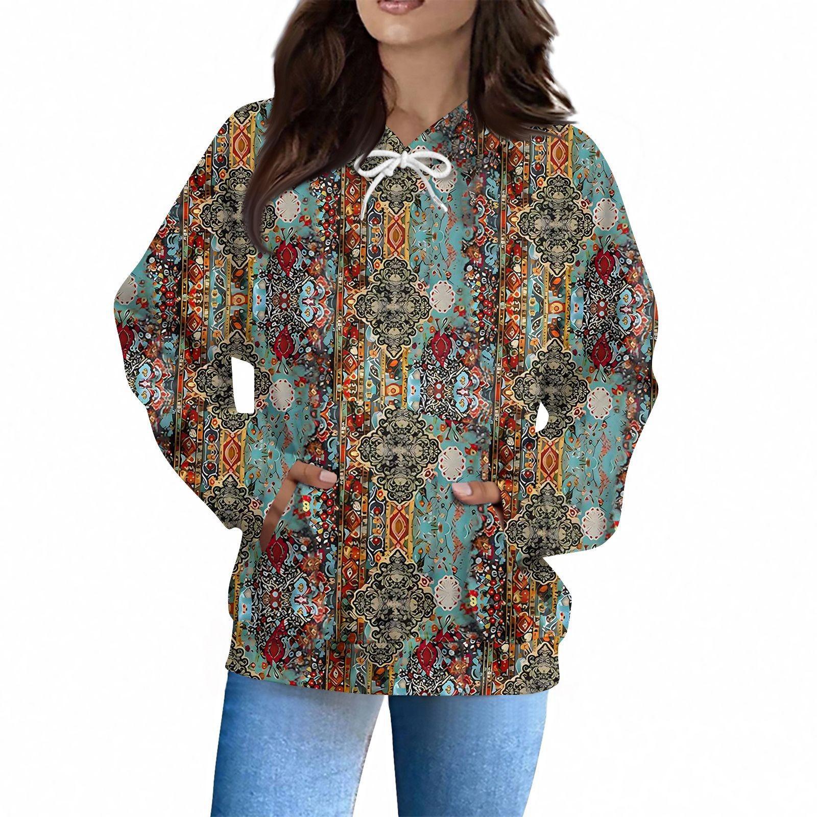 

Женская Мода Повседневная Толстовка Длинный Рукав Принт Топ M циан