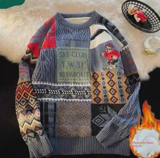 Men's Winter Plus Velvet Thick Warm Knitted Christmas Sweater - Hong Kong Style, Loose Fit, Trendy for Couples
