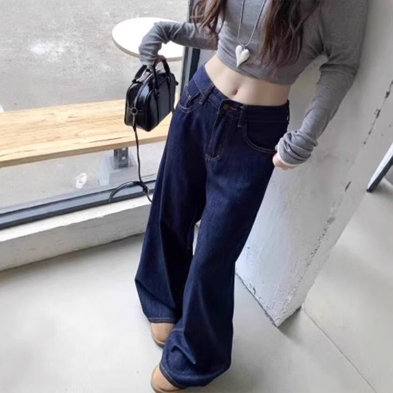 High-Waist Plus-Size Dark Blue Wide-Leg Jeans for Women - 2024 Autumn Floor-Length Style