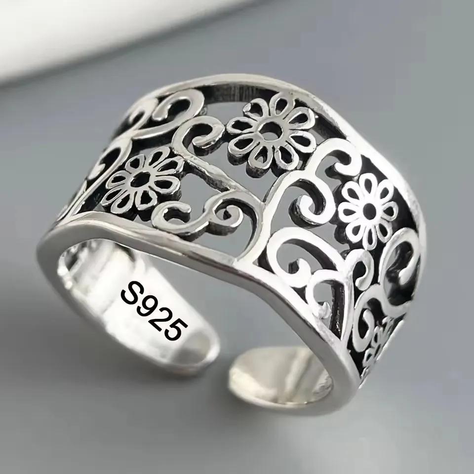 Sam Panda 925 Silver Simple Ring For Women Fine Jewelry Finger Adjustable Open Vintage Big Ball Ring For Party Birthday