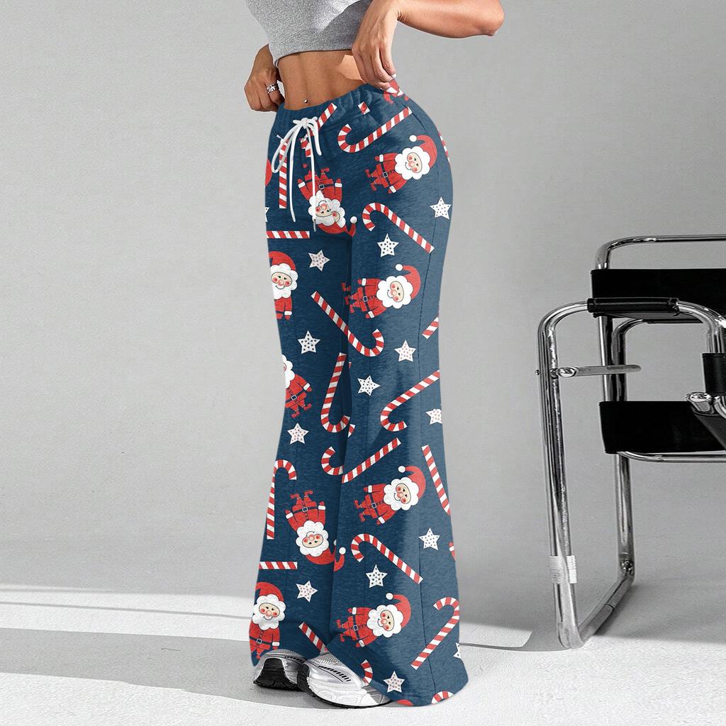 Women's Fashion Loose Drawstring Waist Christmas Printed Casual Sports Pants Casual Flared Pants