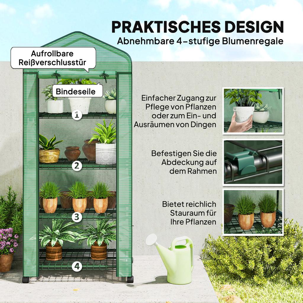 4 Tier Mini Portable Greenhouse Compact Plant Grow Shed Metal Frame PE Cover with Lockable Rolling Wheels , Green