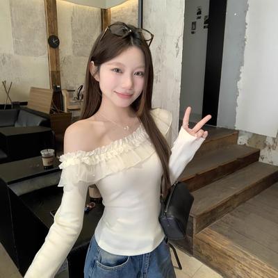 One-shoulder Lace Lace Long-sleeved White T-shirt for Women In Spring and Summer Pure Slim Fit Inner Bottom Shirt Top