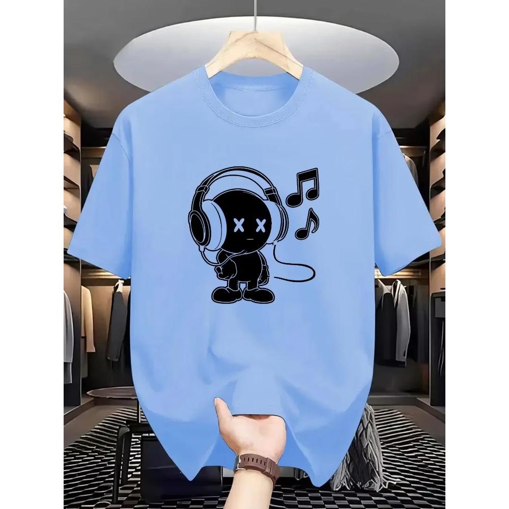Summer Men's 100_ Cotton Casual Loose Fit Plus Size Music Themed Printed Comfortable Sports Round Neck Short Sleeved T-shirt Top