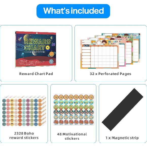 Boho 32 Chore Charts Behavior Reward Chart System,Sticker Chore Chart Pad for Kids with 2328 Stickers, 12.2" x 9.8" Magnetic Reward Chart to Develop