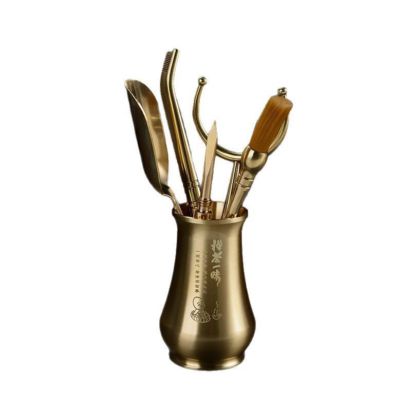 Brass Tea Ceremony Tools Set 5-Piece Grooming Kit Gongfu Brewing With Spoon Tongs Brush Knife Fork