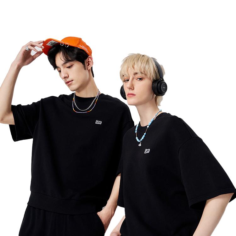 Solid Logo Print Loose Fit Crew Neck Pullover Short Sleeve Sweatshirt Men Sweatshirt Black LUT0051023RV00FK11000