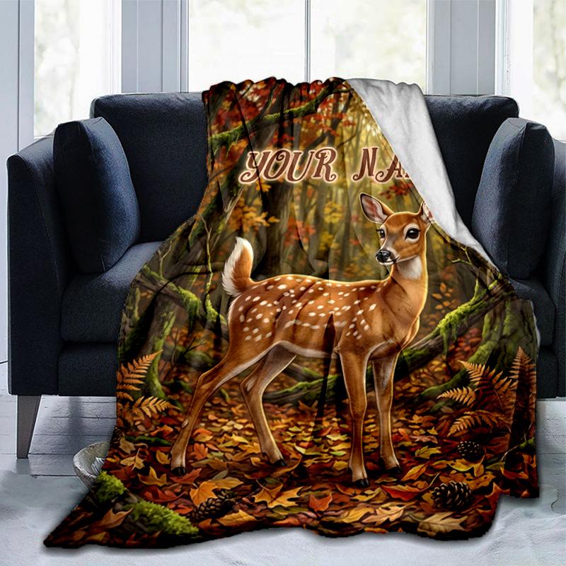 1PC Custom Name Autumnal Deer Forest blanket versatile,all-season throw suitable for the living room,bedroom,camping,travel,and gift