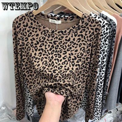 Leopardenmuster T-Shirts Damen Langarm Frühling Herbst Schlank Koreanische Blusen Damen Allgleiches Casual O-Ausschnitt Tops