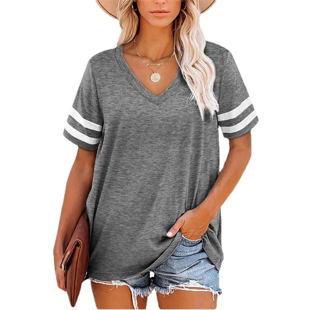Sommer Neues Damen V-Ausschnitt Gestreiftes Lockeres Kurzarm T-Shirt Lässiges Oberteil für den grenzüberschreitenden Handel