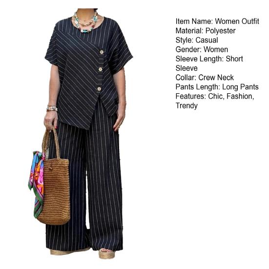 Women's Striped Short Sleeve 2 Piece Outfits Summer Crew Neck Top And Long Pants Matching Lounge Sets with Pockets