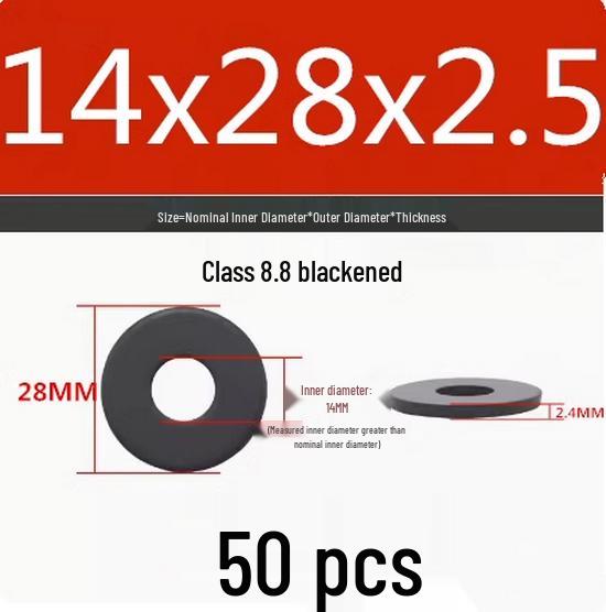 Blackened Flat Washer Gasket - Grade 8.8, Sizes M3 to M24